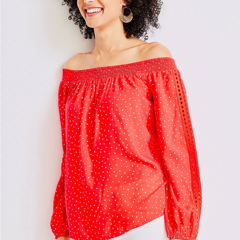 Maurices Red Orange Off-Shoulder Polka Dot Blouse